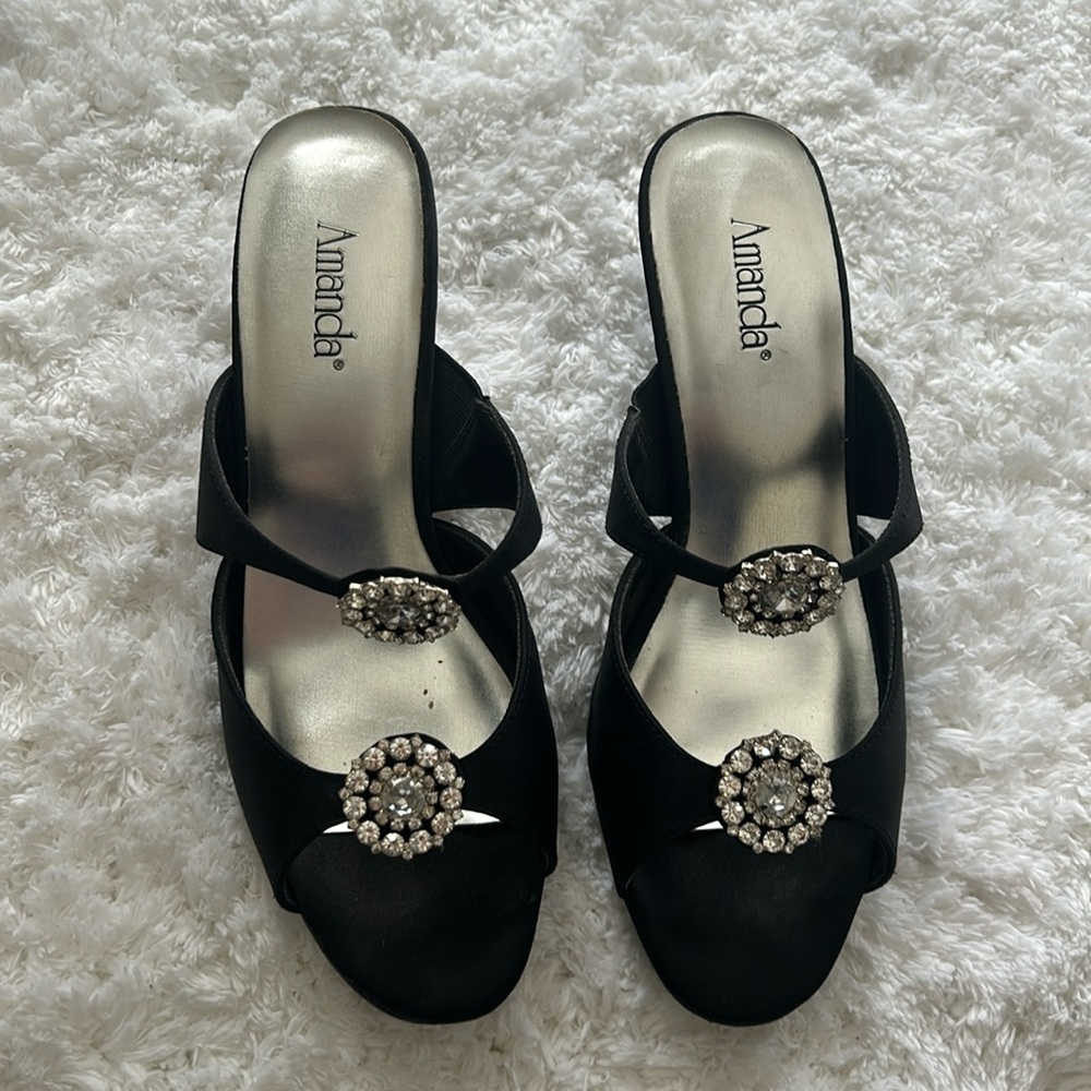 Amanda Lady Di- Peau de Soie Evening Slip on Sandals w Rhinestones-LIKE NEW!